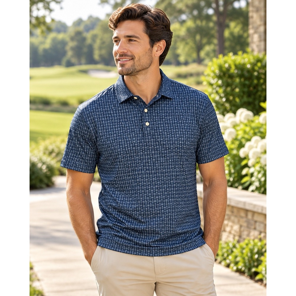 J.Crew Performance Polo Shirt Men L Navy Golf Ball Tee Print Stretch Golf